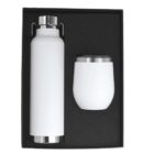 A white insulated water bottle and a matching insulated cup with metal rims are placed side by side in a black foam-fitted gift box.