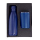 A blue insulated water bottle and a blue insulated tumbler with a clear lid are placed in a foam-lined black box.