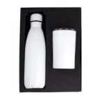 A white water bottle and a tumbler with a lid are neatly placed inside a black foam insert within a black box. The bottle is on the left, and the tumbler is on the right.