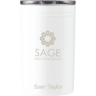 A white tumbler with a silver lid, featuring the SAGE Executive Group logo and the name Sam Taylor written below in light beige.