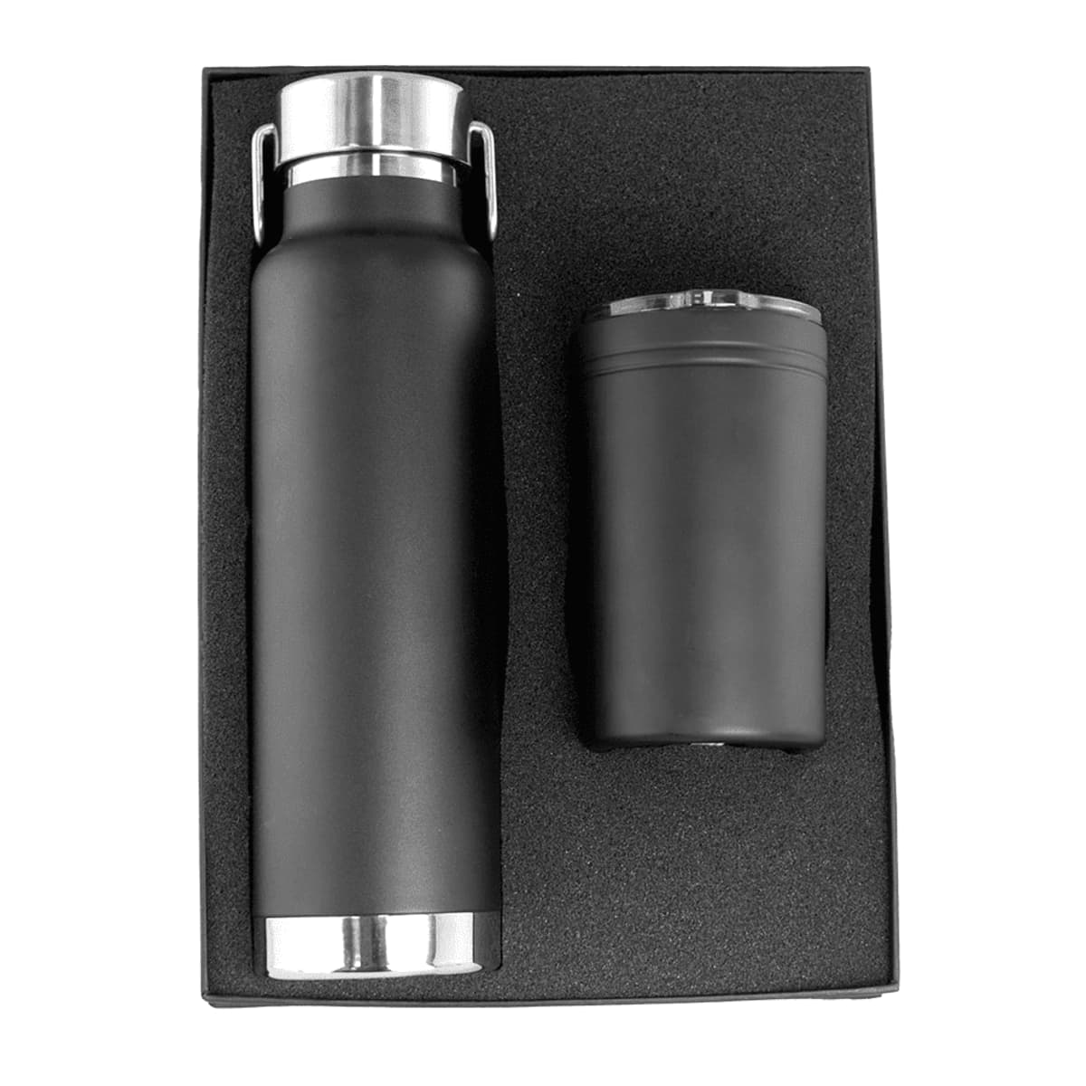 A black thermos bottle and a matching black travel cup are placed side by side in a black foam-lined box. The thermos has a silver cap and bottom, while the cup has a silver rim.