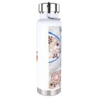 A white insulated water bottle with a stainless steel cap and base, featuring an abstract design with blue, brown, and orange circular patterns on one side.