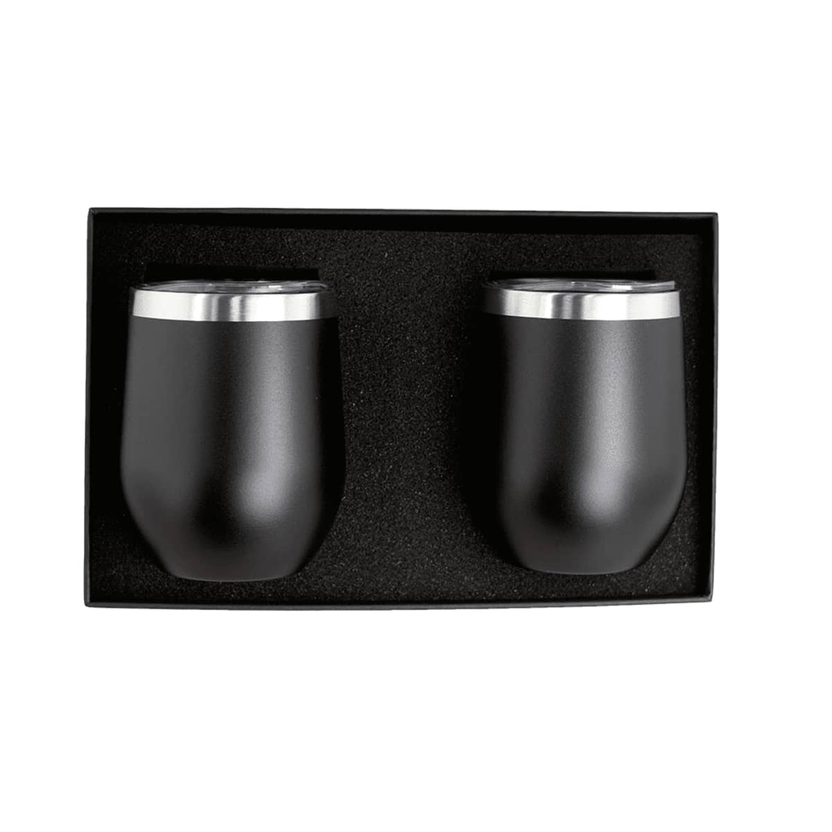 Two black insulated tumblers with silver rims are placed side by side in a black foam-padded box.