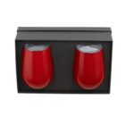 Two red wine tumblers with clear lids are placed in a black box with foam padding, designed for safe storage or gifting. The tumblers have a sleek, modern design.
