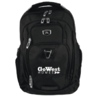 A black backpack with multiple zippered compartments and a top handle. The front displays a logo reading Go West Homes in white text.