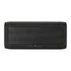 Black portable Bluetooth speaker with a rectangular shape, featuring a central mesh grille and smooth edges. There is a subtle mountain design beneath the grille.
