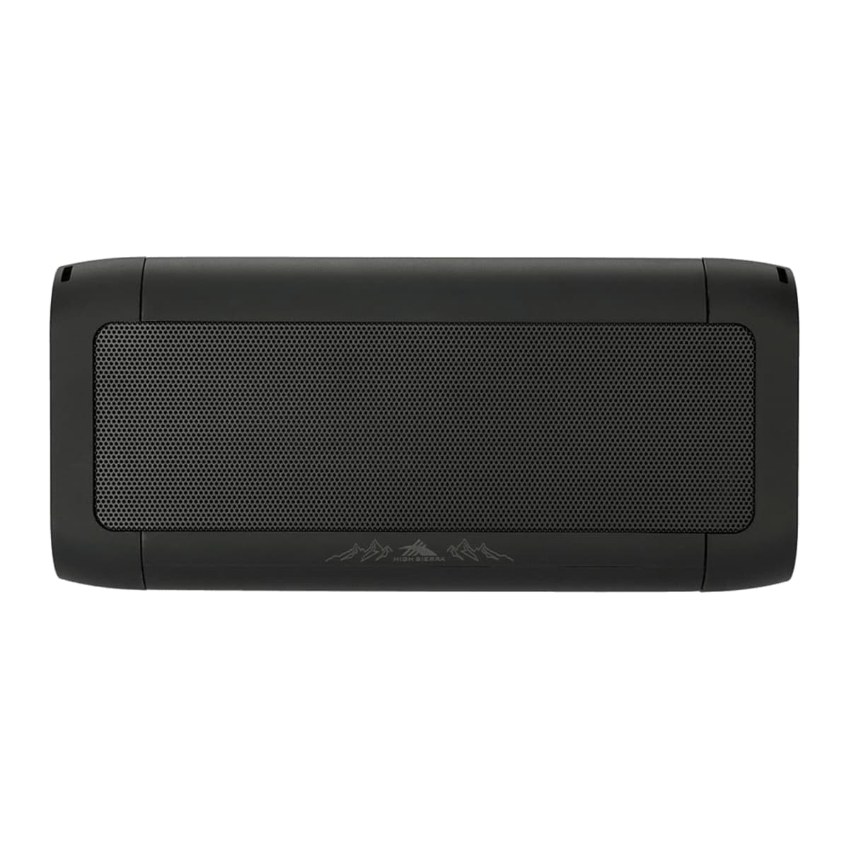 Black portable Bluetooth speaker with a rectangular shape, featuring a central mesh grille and smooth edges. There is a subtle mountain design beneath the grille.
