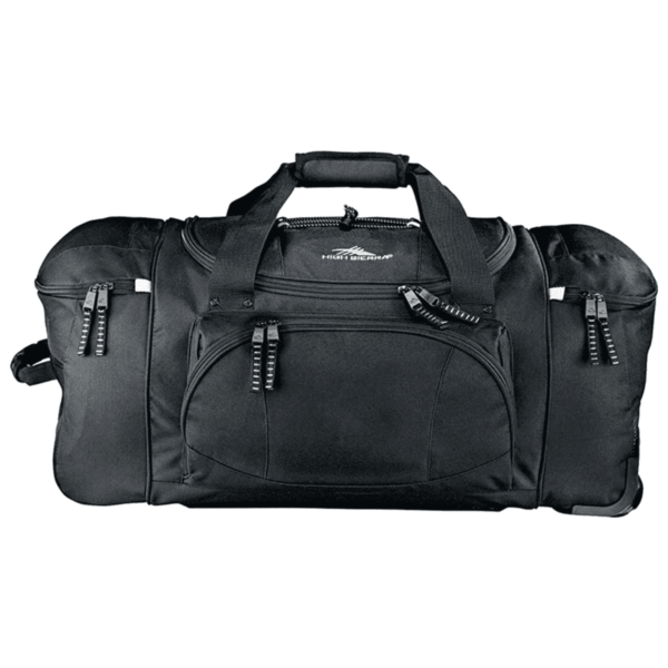 A large black duffle bag with multiple zippered compartments, a pair of carrying handles, and an adjustable shoulder strap. It is made from durable fabric and has a sleek, functional design, suitable for travel or sports activities.