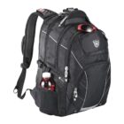 A black backpack with silver accents featuring multiple compartments and a pair of red sunglasses clipped on top. A water bottle is held in the side mesh pocket.