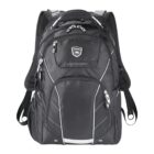 A black backpack with multiple zippered compartments and adjustable padded straps. The bag features silver accents and a logo on the top main pocket. The design includes mesh padding for comfort on the back.