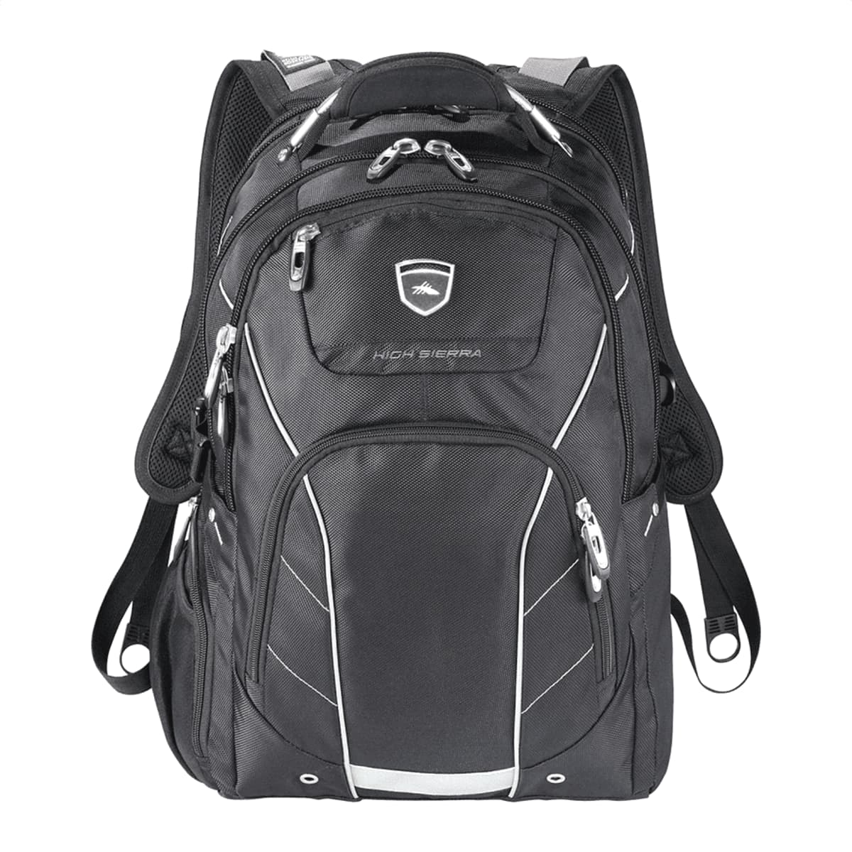 A black backpack with multiple zippered compartments and adjustable padded straps. The bag features silver accents and a logo on the top main pocket. The design includes mesh padding for comfort on the back.