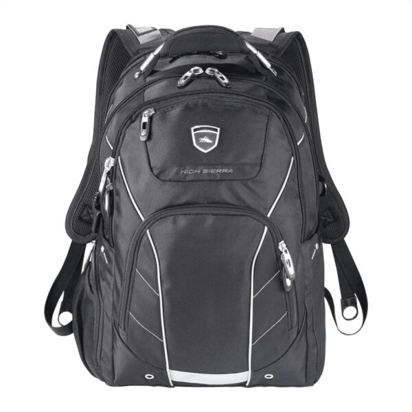 A black High Sierra backpack with multiple zippered compartments and two padded shoulder straps. The backpack features white piping accents and a logo on the top front pocket.