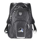 Black and gray backpack with multiple compartments and zippers, featuring a logo with stylized letters in white and blue. The bag has padded straps and a sleek design, making it suitable for carrying books or electronics.