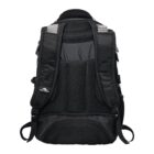 A black backpack with padded shoulder straps, mesh back panel for ventilation, and multiple compartments. The design includes buckles and zippers, providing both style and functionality.