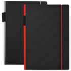 Two black hardcover notebooks with elastic bands. One notebook features a red accent along the spine, while the other has a gray accent. Both notebooks are standing vertically side by side against a white background.