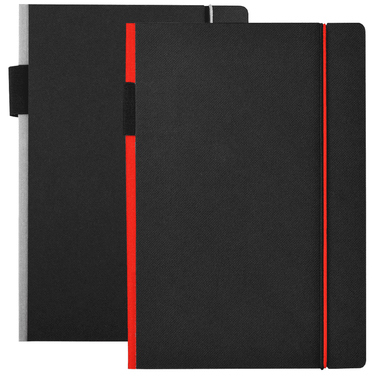 Two black hardcover notebooks with elastic bands. One notebook features a red accent along the spine, while the other has a gray accent. Both notebooks are standing vertically side by side against a white background.