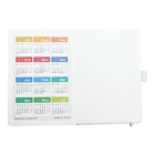 An open planner displaying monthly mini-calendars for July to June. Each month is color-coded; July in yellow, August in orange, September in brown, October in pink, November in blue, etc. The planner is mostly white with rounded corners.