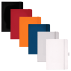 Six notebooks in a vertical row, each with different colored covers: black, red, orange, blue, gray, and white. They all have a minimal design with elastic bands on the right side.