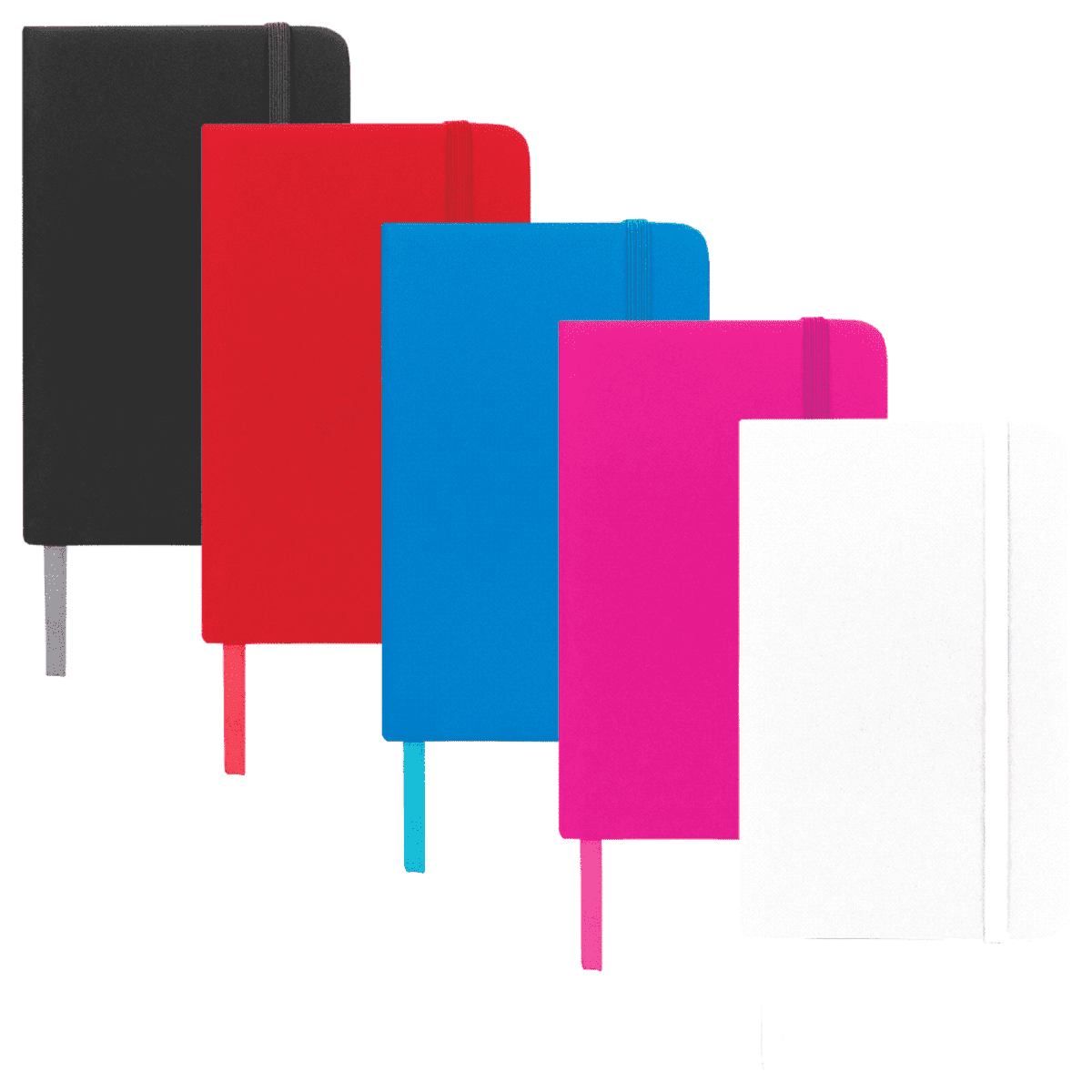 Five notebooks in a row, each with an elastic band. Colors from left to right: black, red, blue, pink, and white. All are closed, with attached ribbon bookmarks matching the notebook color.