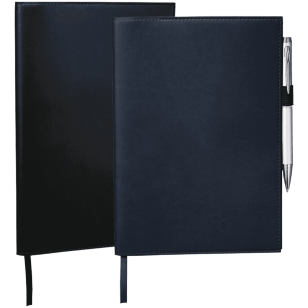 Two sleek black notebooks, one opened and one closed, stand vertically. A shiny silver pen is clipped to the closed notebook, which has a ribbon bookmark hanging from the bottom. The background is white.