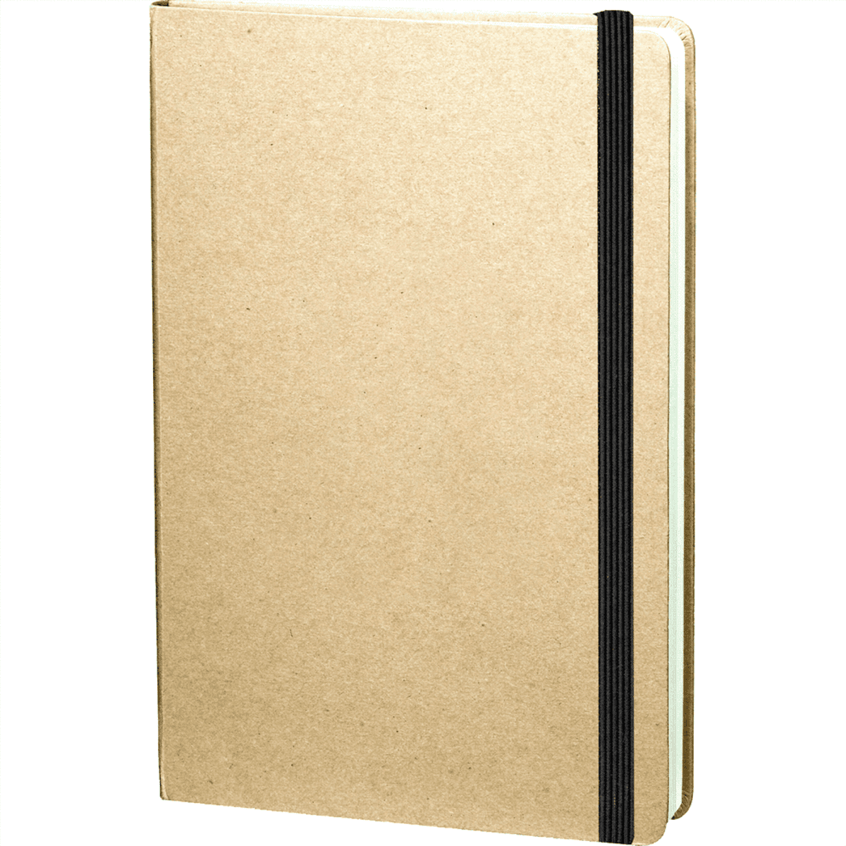 A plain, brown notebook with a black elastic band closure on the right side. It has rounded corners and appears to be blank and new. The cover has a simple and minimalist design.