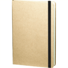 A plain, beige notebook with a hard cover is shown. It is secured with a black elastic band wrapped vertically around the right side. The notebook is standing upright, slightly open to reveal a few pages.