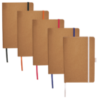 Five brown notebooks are lined up, each with a different colored elastic band and bookmark: black, orange, red, blue, and white. The notebooks have a plain, simple design against a white background.