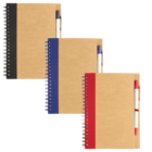 Three spiral-bound notebooks with brown covers are displayed in a row. Each has a pen in its holder. The first notebook has a black spine and pen, the second is blue, and the third is red.