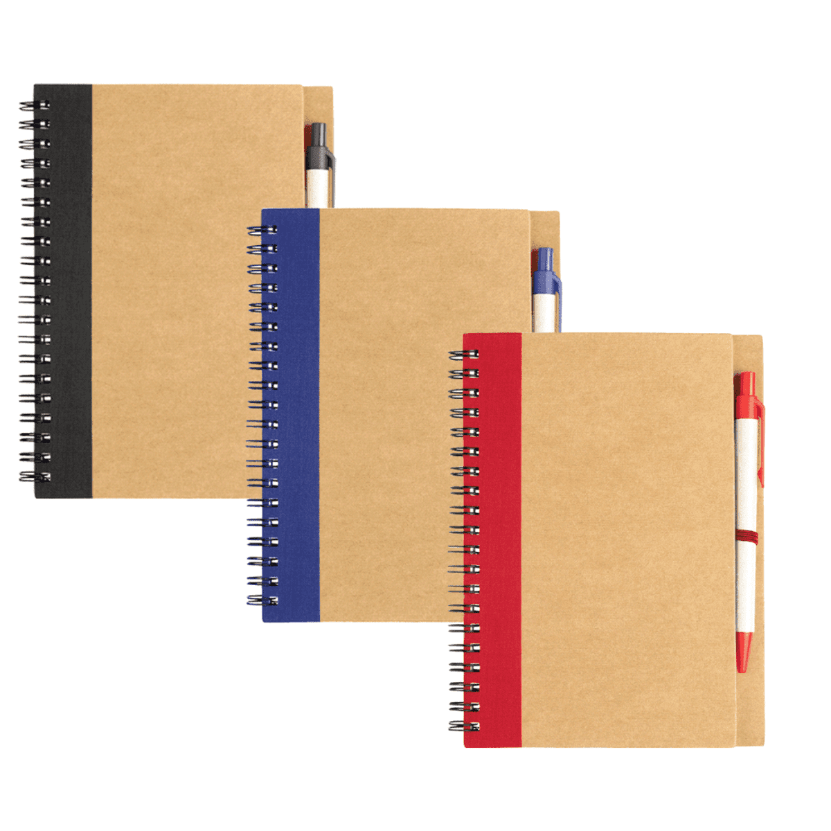Three spiral-bound notebooks with brown covers and fabric spines in black, blue, and red. Each notebook has a matching pen attached to the spine, held in place by an elastic band. The notebook pages are lined.