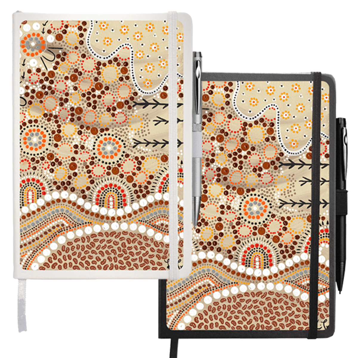 Two notebooks with vibrant, Aboriginal-inspired dot art covers in earthy tones of brown, beige, and orange, featuring circular patterns and wavy lines. Each notebook is bound, with a pen attached to the side.