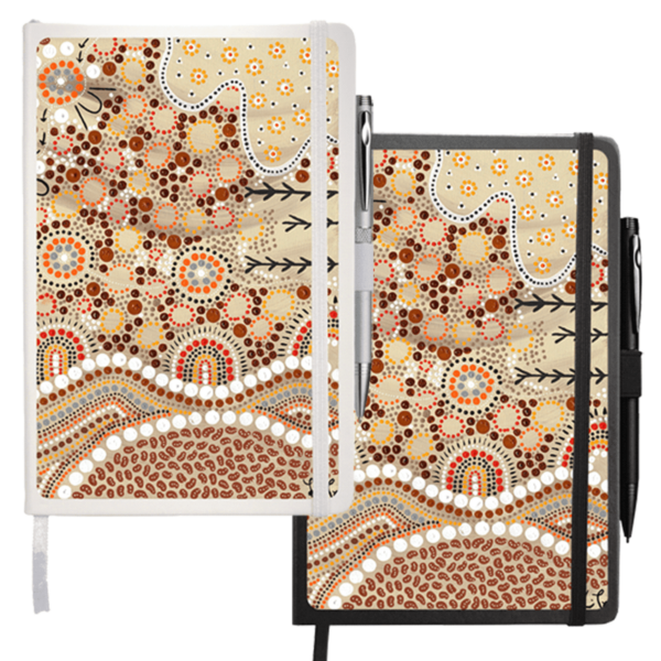 Image of two notebooks with vibrant, abstract dot-pattern designs in earthy tones, including beige, brown, and orange. Each notebook has a pen attached to the side, and the covers feature circular and wavy patterns.