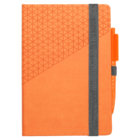 An orange notebook with a textured triangular pattern on the top half. It has a black elastic band securing it closed and an orange pen attached to the right side.