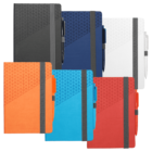 Six colorful notebooks with pens are displayed. The notebooks have geometric triangle patterns on the covers and come in black, blue, red, orange, turquoise, and white. Each has an elastic closure and pen holder, with matching pens attached.