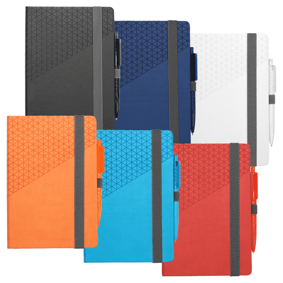 Six colorful notebooks with pens are displayed. The notebooks have geometric triangle patterns on the covers and come in black, blue, red, orange, turquoise, and white. Each has an elastic closure and pen holder, with matching pens attached.
