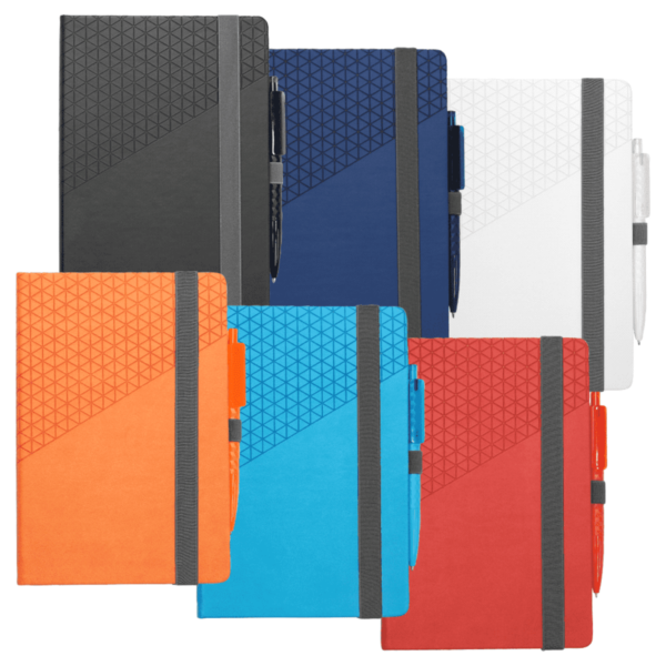 Six notebooks with geometric covers in black, blue, white, orange, teal, and navy are arranged in two rows. Each notebook has a pen attached to its side and an elastic band closure. The covers feature a triangular grid pattern.