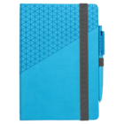 A blue notebook with a textured geometric pattern on the cover. It is closed with a black elastic band. A matching blue pen is attached to the right edge under the elastic band.