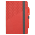 A red notebook with a textured triangular pattern on the cover and an elastic band closure. A matching red pen is attached to the side of the notebook.