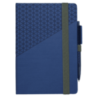 A closed blue notebook with a textured, triangular pattern on the top half. It has an elastic band for closure and a pen holder attached, containing a blue pen.