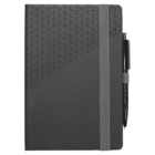 A black notebook with a geometric triangle pattern on the cover. An elastic band secures the notebook, which includes a pen holder with a black pen attached.