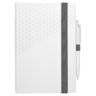A closed white notebook with a triangular geometric pattern covering part of the cover. A gray elastic band secures it, and a white pen is clipped to the right side.