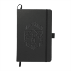Black notebook with Thunderbird Trucking Co. embossed on the cover, featuring an image of a stylized thunderbird. The notebook has an elastic band closure, a pen loop, and a ribbon bookmark.