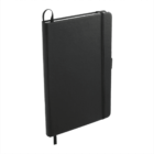 Black hardcover notebook with an elastic band closure and a ribbon bookmark. The notebook has a pen loop on the side and rounded corners.