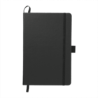 A closed black hardcover notebook with a ribbon bookmark and an elastic band closure. It has a small loop on the right edge and a fabric loop at the top left for hanging or carrying. The notebook is positioned vertically on a plain white background.