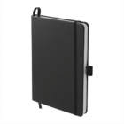 A black hardcover notebook with a black elastic band wrapped around it. It features a pen holder on the side, a ribbon bookmark, and rounded corners, set against a white background.