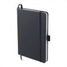 Black hardcover notebook with a ribbon bookmark and an elastic strap closure. The notebook is vertically oriented on a white background.