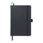 A closed black notebook with a ribbon bookmark and an elastic band on the right side. The notebook has a pen holder loop and rounded corners, shown against a white background.