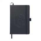 A black notebook with an embossed logo featuring a thunderbird design and the text Thunderbird Trucking Co. on the cover. It has an attached ribbon bookmark, elastic band closure, and a pen loop.