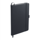 A black hardcover notebook with rounded edges, a closed elastic band, and a pen loop on the side. It has a ribbon bookmark peeking out from the bottom. The notebook is standing upright against a white background.