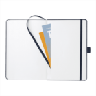Open notebook with a dark border and a ribbon bookmark, displaying two inserted flyers, one orange and one blue, in the front pocket. The notebook is on a white background.