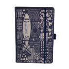 A dark blue notebook with a tan tribal design featuring geometric patterns, arrows, zigzags, and abstract shapes. An elastic band holds it closed, and theres a pen loop on the right.